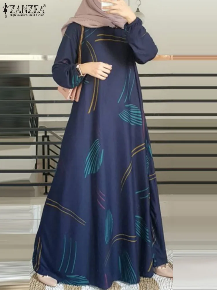 Vintage Women Floral Printed Muslim Dress ZANZEA Fashion Long Sleeve Dubai Turkey Abaya Hijab Sundress Marocain Islamic Clothing