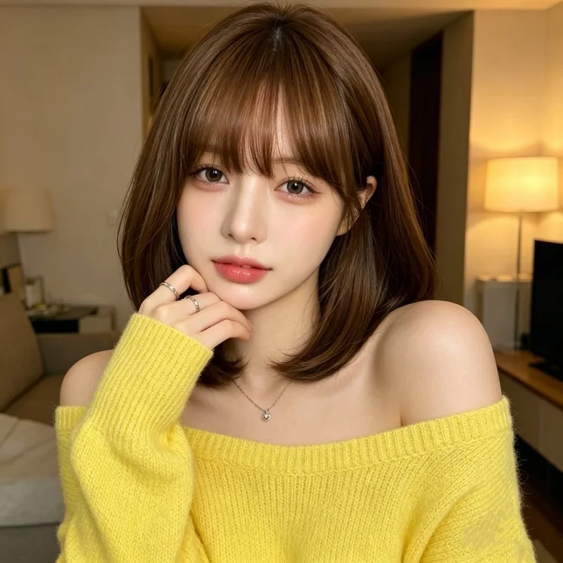 New wig with medium-long hair style, vintage high-layered collarbone bob short hair, machine-made synthetic fiber headpiece