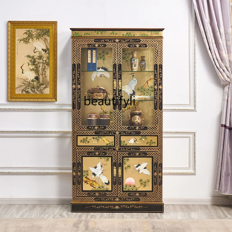 Luxurious Gold Leaf Bookcase with Light Solid Wood Glass Display Cabinet Songhe Yannian Chinese Style Painted Furniture
