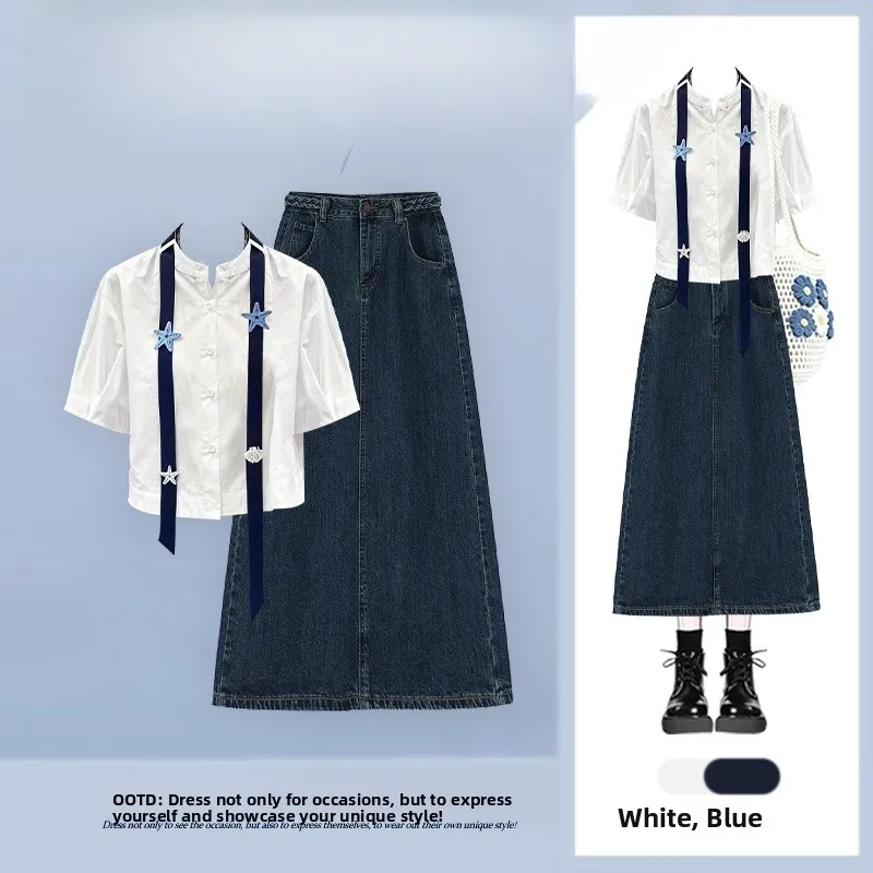 

Summer New Loose Unique Short Sleeve Top And High Waist Jeans Two Piece Set for Women Fashionable plus Size Conceal Meat Slim...