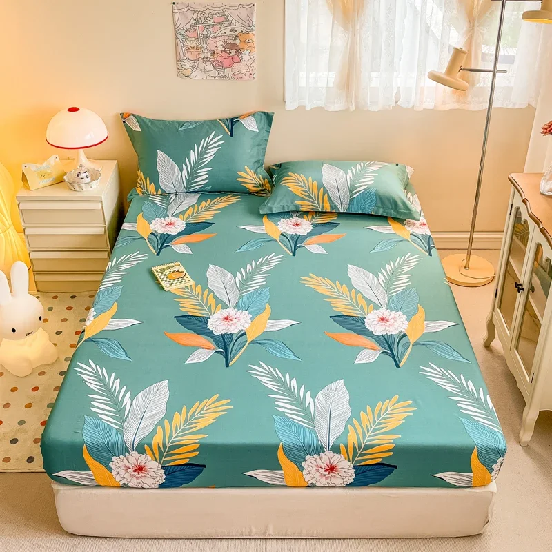 Tropical Leaves Flowers Fitted Sheet Twin Size Hawaiian Theme Palm Leaf  Print Bed Sheet Set Cotton Bed Cover with 2 Pillowcases