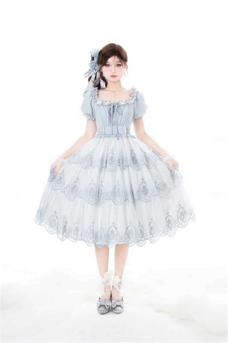 Japanese Sweet Style Girl Cosplay Lolita Op Elegant Lace Flower Ruffle Ribbon Bowknot Pearls Waistband Tunic Puff Sleeve Dress