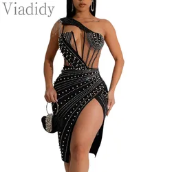 Women Sexy Solid Color Sheer Mesh Spliced One Shoulder Rhinestone Beads Decor Irregular Party Dress