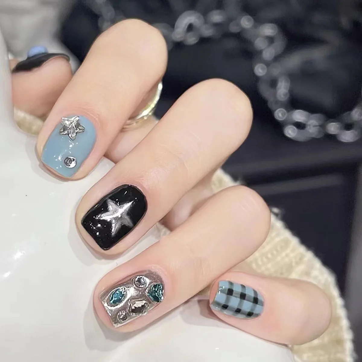 10PCS Glitter Black Cat Eye Short Square Handmade Press on Nails Sweet Cool Simple Stars Fake Nails Spice Girls Y2k False Nails