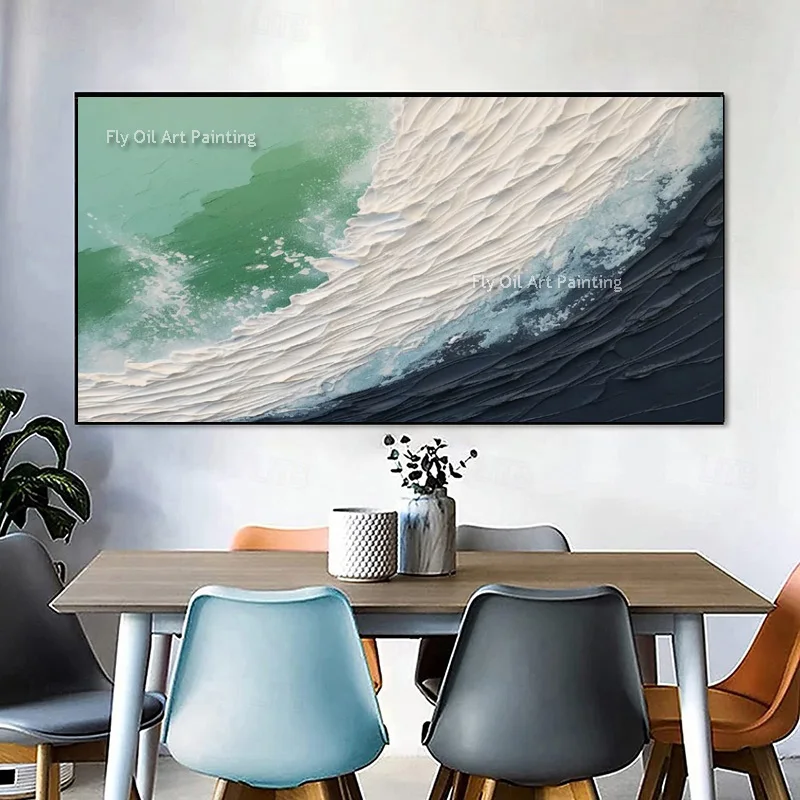 Large Artwork Blue White Ocean Wave Wall Art Hand Drawn Green White Blue Seascape Abstract Canvas Oil Painting For Home Decor