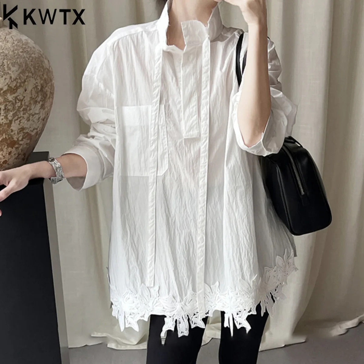 

KWTX 2025 New Fashion Lace Trim Blouse Women’s Drawstring Neck Elegant Casual Office Wear Top Product Keywords