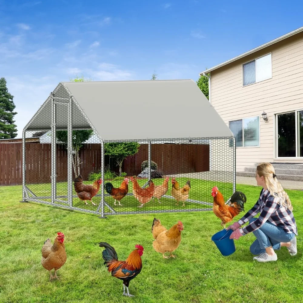 

Large Metal Chicken Coop, Walk - in Chicken House, Outdoor Chicken Coop for 5-10 Chickens Yard/Farm/Ranch Outdoor Fresh Egg