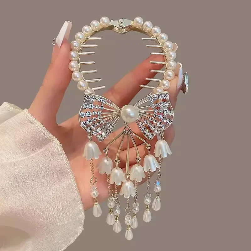 Retro Bell Orchid Flower Hair Clip Women Bowknot Tassel Hair Claw Girls Elegant Crystal Ponytail Buckle Hair Accessories Korean