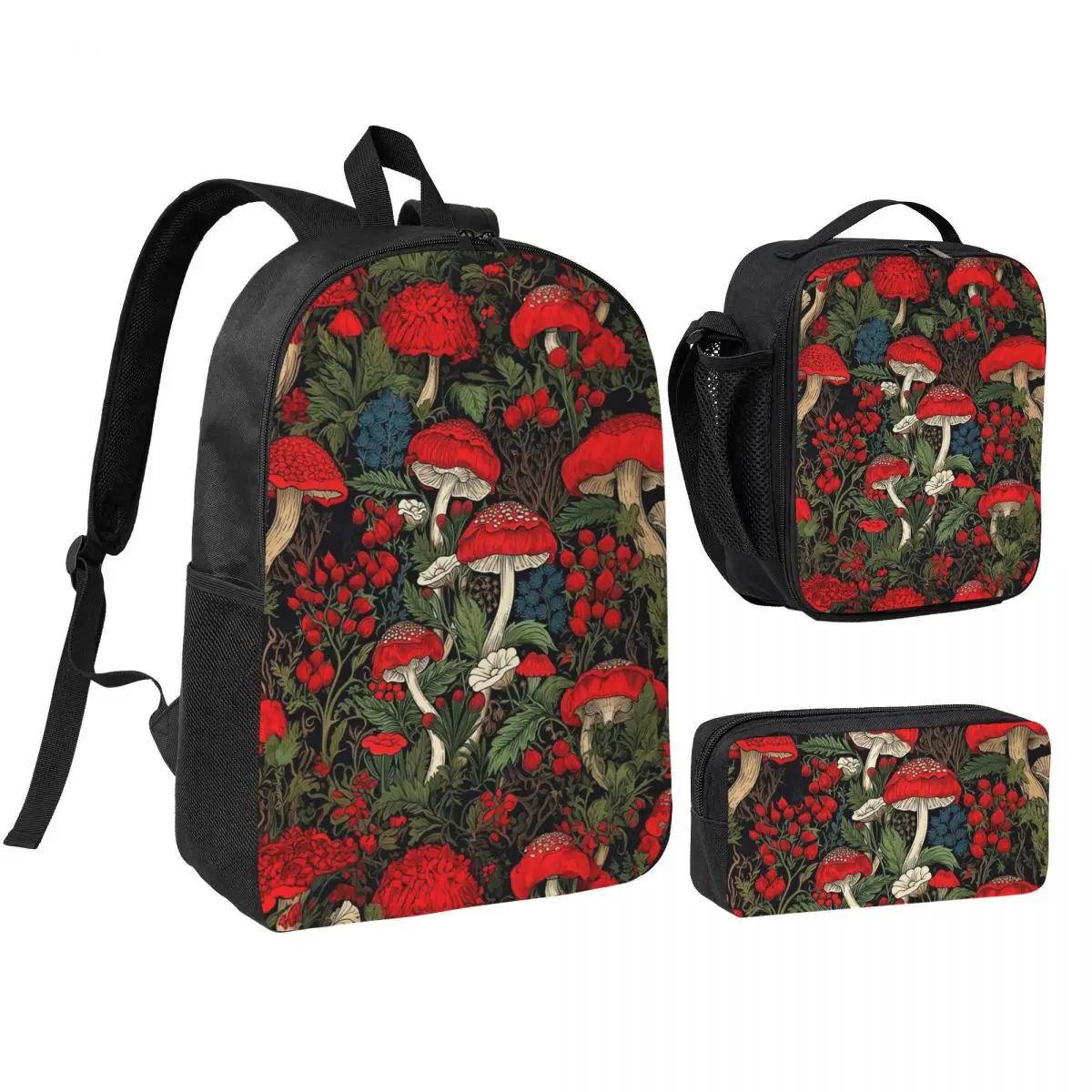 Red Mushroom And Plant Design Backpack Student BookBag School Bag Shoulder Bags 3ps Insulated Lunch Bag Pencil Case