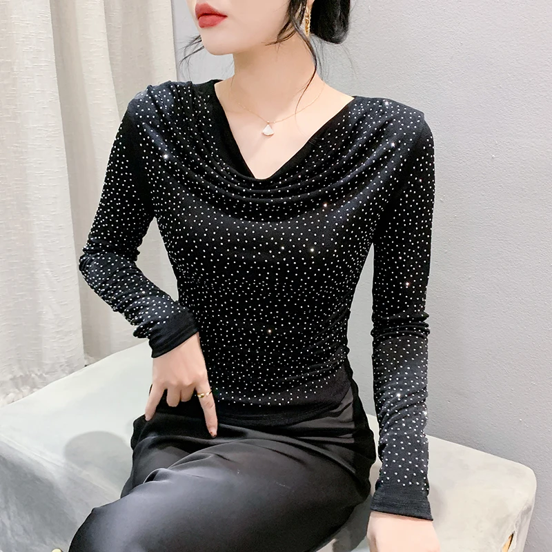 

Black Korean Style Cotton Fall Winter T-Shirt Chic Sexy Heaps Collar Shiny Diamonds Women Tops Long Sleeve Tees 2024 New 492202