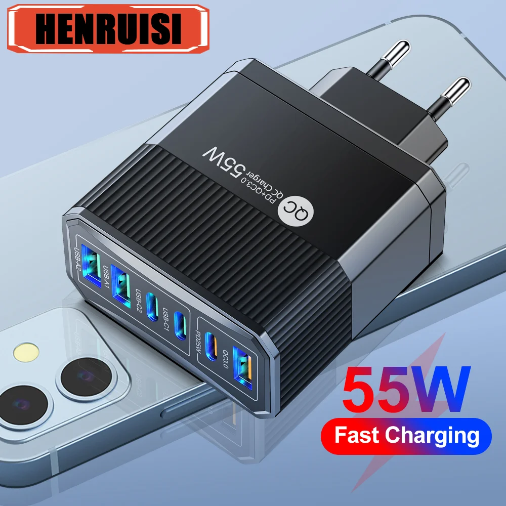 Fast Charger 55W 6 Ports USB Type C Charger Mobile Phone Charger For iPhone 14 12 Xiaomi 13 Huawei P40 Samsung Quick Charge 3.0