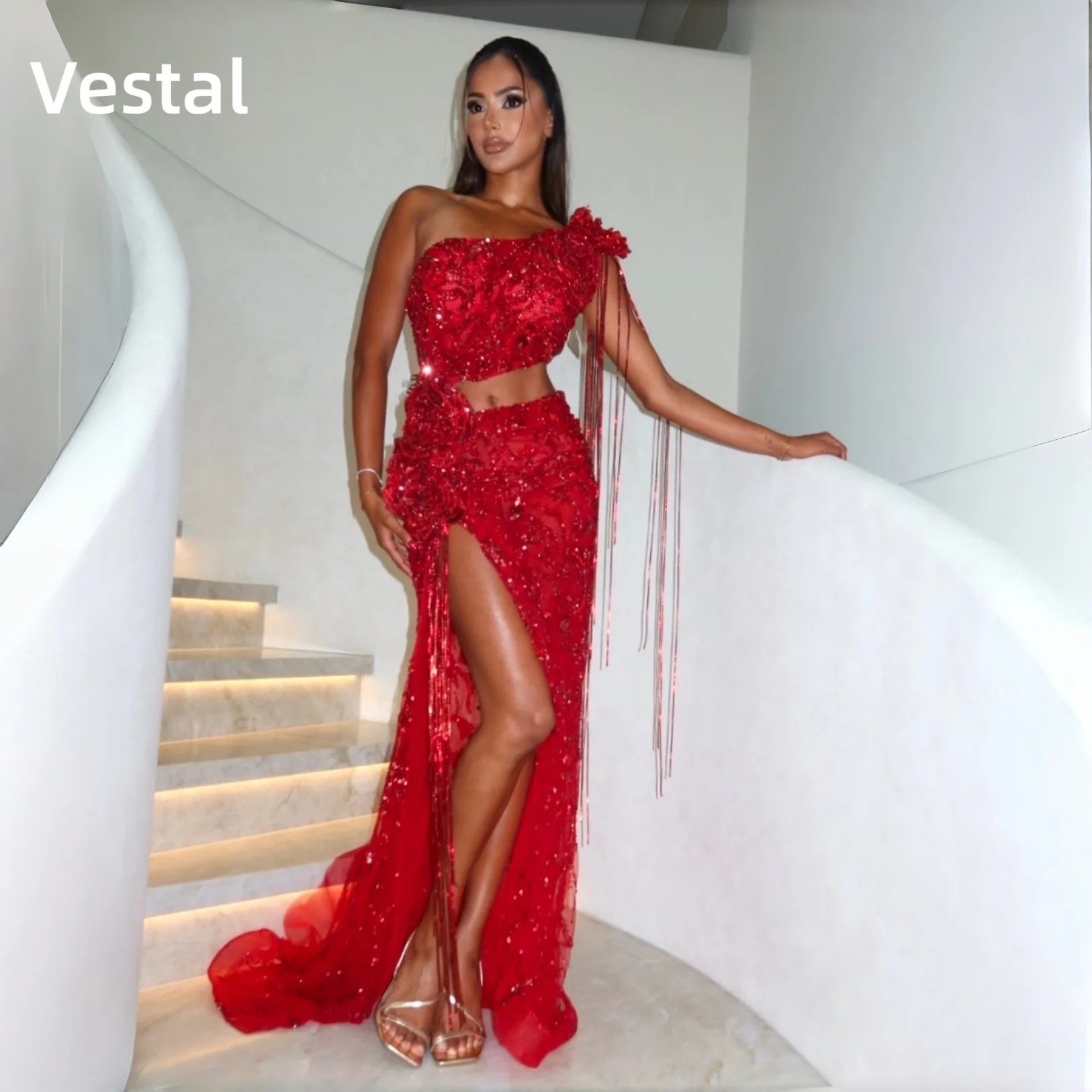 Red One Shoulder Sequin Prom Dress with 3D Flowers Tassels High Slit Mermaid Formal Evening Birthday Party Gown Customized