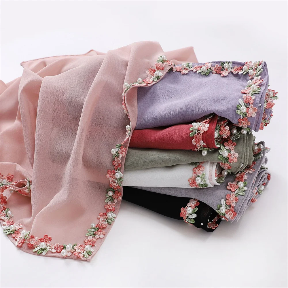 

90*90cm Square Chiffon Hijab Scarf Women Solid Color Muslim Lace Studded Bead Islamic Shawls and Wraps Headband Musulman Scarves