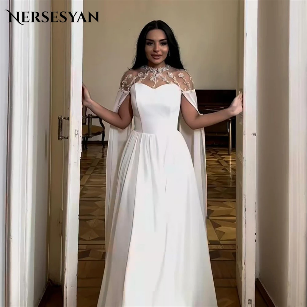 

Nersesyan Glitter Solid Formal Evening Dresses Dubai A-Line Cape Sleeves Beading Prom Dress High Neck Wedding Party Gowns 2024