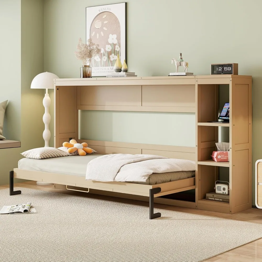 

Twin Size Murphy Bed, Wooden Twin Murphy Bed with Bookshelf, Twin Size Wall Bed Cabinet Bed, Natural