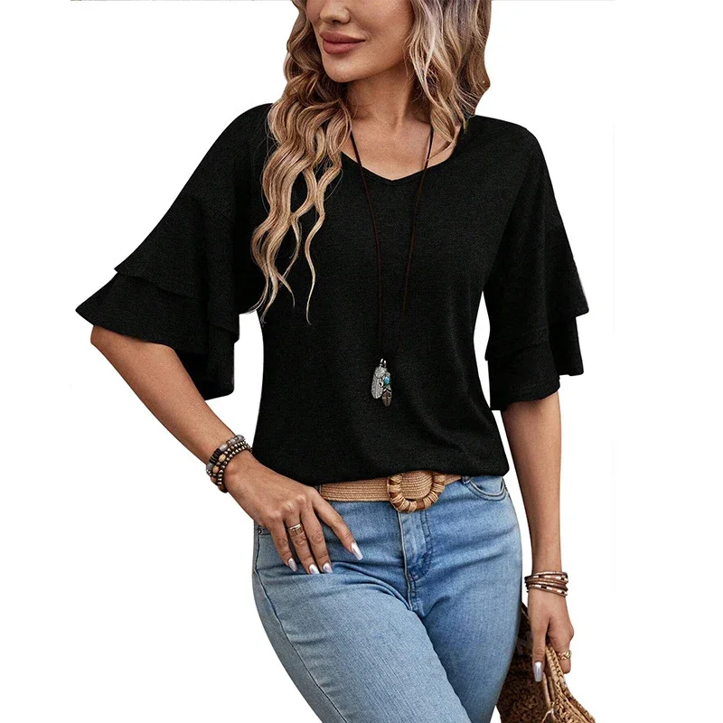New Summer Women's Casual Short-sleeved T-shirt Fashion Solid Color V-neck Trumpet Sleeve Casual Loose Comfortable Top S-2XL