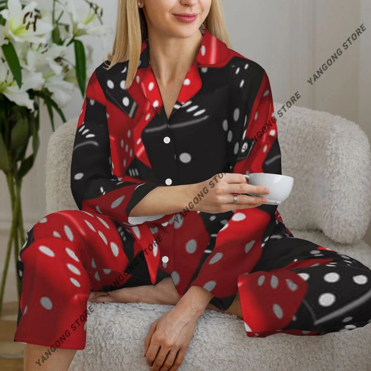 

Женская пижама, красная, черная пижама с рисунком кубиков, пижама с длинными рукавами, женский комплект, пеньюар, кардиган, костюм