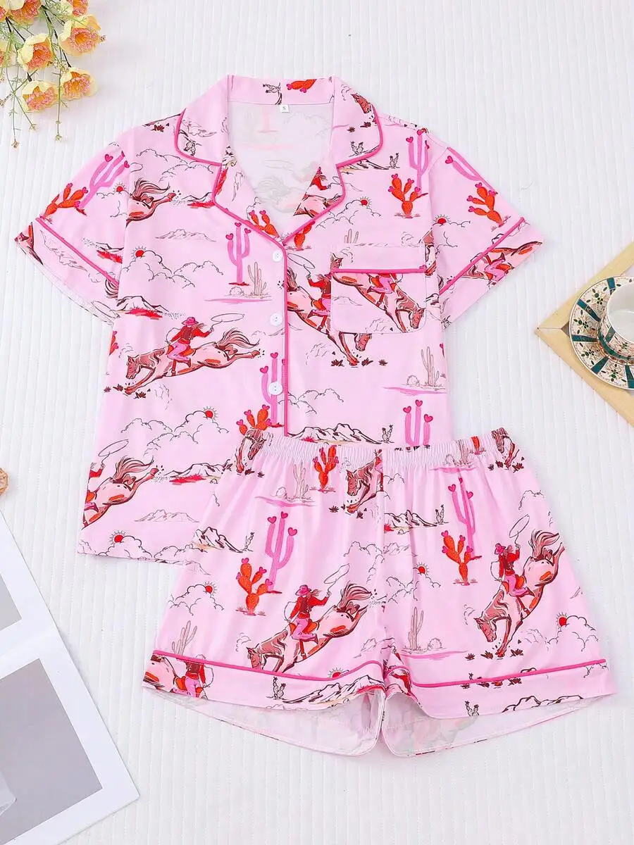 

Women Western Cowgirl Horse Print Pajama Set Short Sleeve Top And Shorts Turn-Down Collar Button Up Casual Homewear