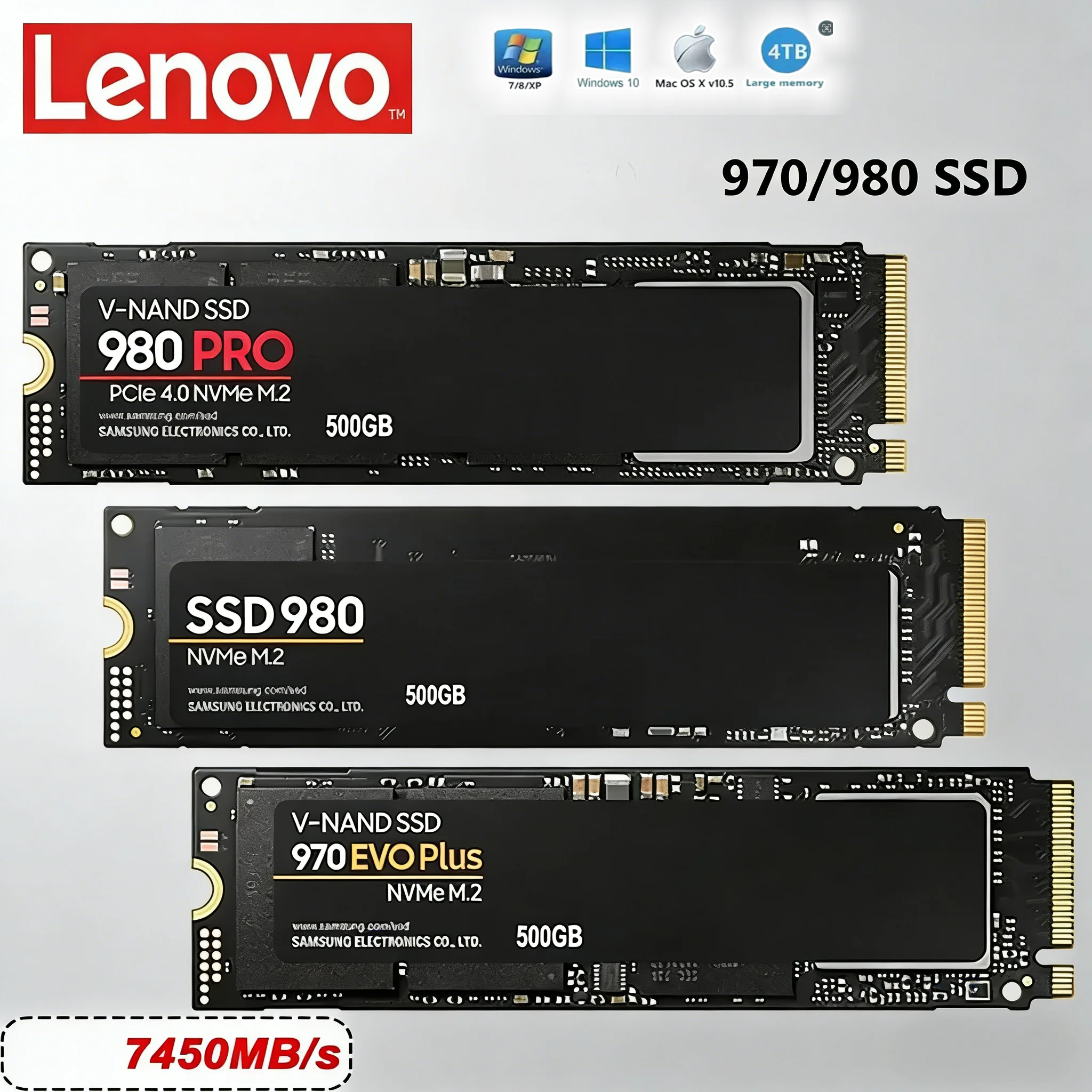 

Твердотельный накопитель Lenovo M.2 NVMe SSD 980Pro/990Pro 1 ТБ 2 ТБ 4 ТБ PCIe 4.0 7400 МБ/с для ноутбуков и настольных ПК