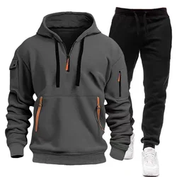 Men's Zip-Up Color Block Hoodie with Casual Stylish & Durable Fall/Winter Top Raglan Sleeves Hoodies Sweatshirt Male Pants Set