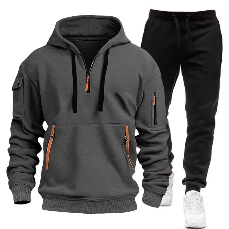 Men's Zip-Up Color Block Hoodie with Casual Stylish & Durable Fall/Winter Top Raglan Sleeves Hoodies Sweatshirt Male Pants Set