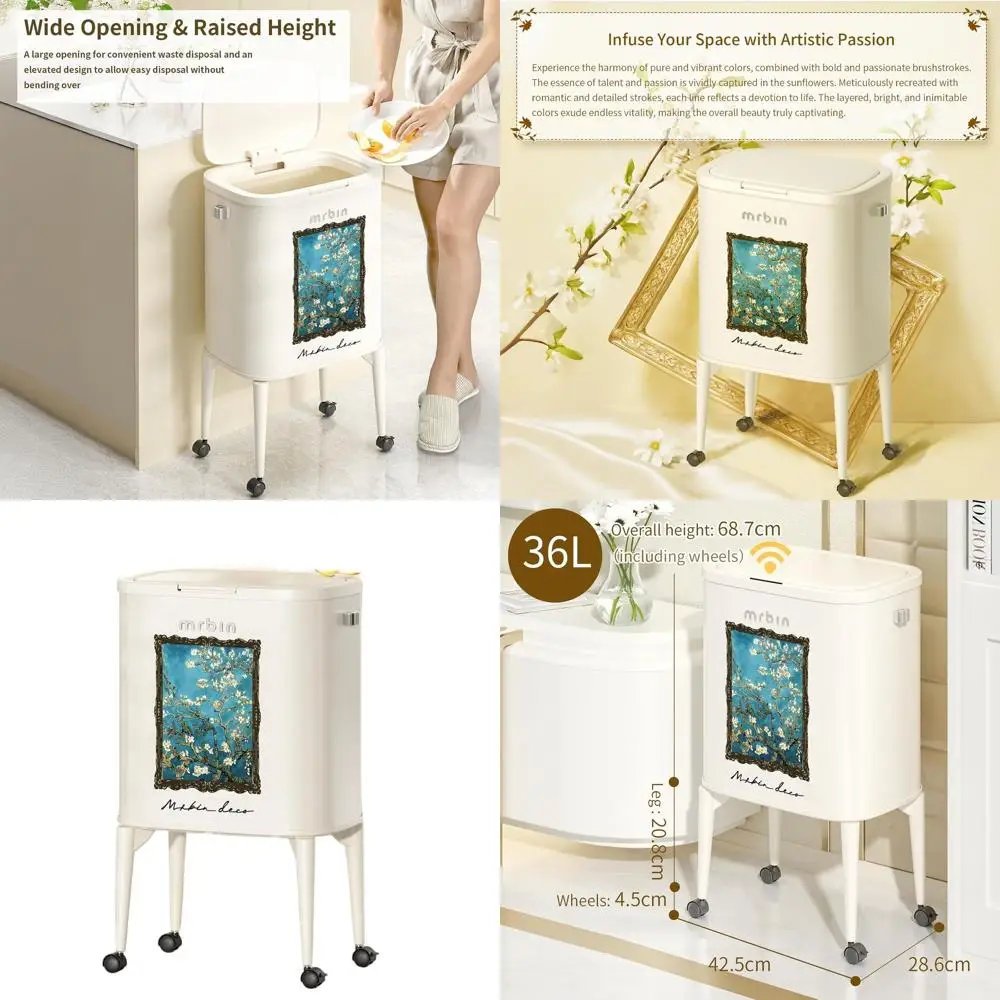 

Wheeled 36L Medium Slim Kitchen Trash Can with Removable Lid, Suitable for Pet, Vanity, and Rooms in Almond Blossom