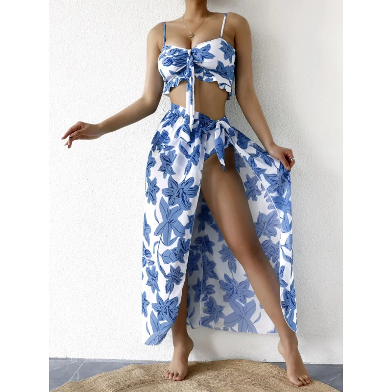 3 Pieces High Waist Swimsuit With Beach Skirt Floral Print Knot Front Bikinis 2024 Women Ruffle Swimwear Female Bathing Suit