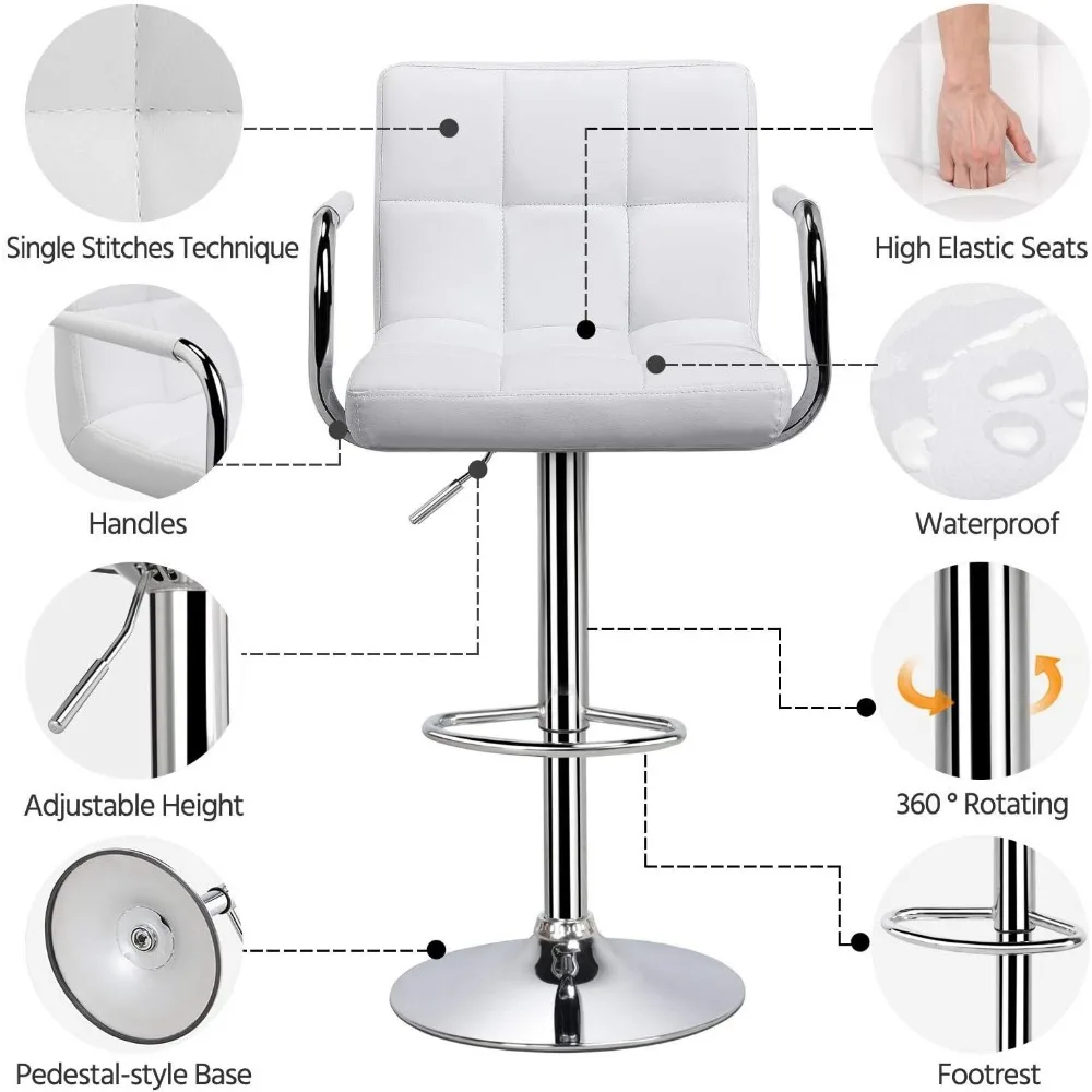 Bangku Bar tinggi Set 2 bangku tinggi, bangku Bar tinggi Modern kulit PU persegi dapat disesuaikan dengan lengan