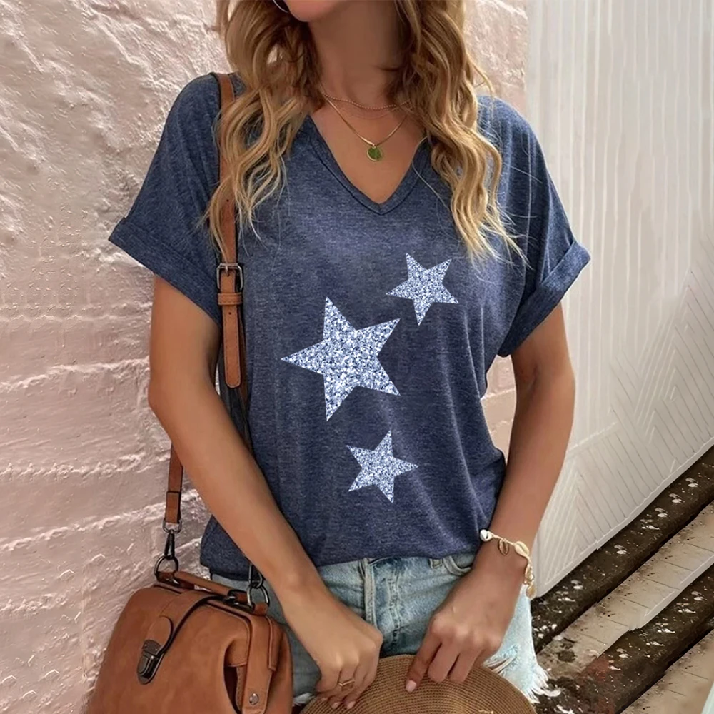 Fashion V-neck Women's T-Shirts Funny Five-Pointed Star Printed T Shirt For Women Summer Hot Sale Short Sleeve Casual Loose Tops