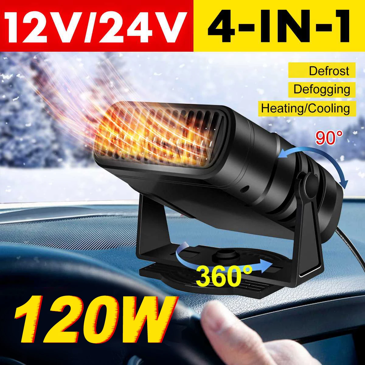 12V/24V Car Heater 2 In 1 Car Windshield Fast Heating Defrost Defogger 360 Degree Rotation 120w Electric Heating Fan Dryer