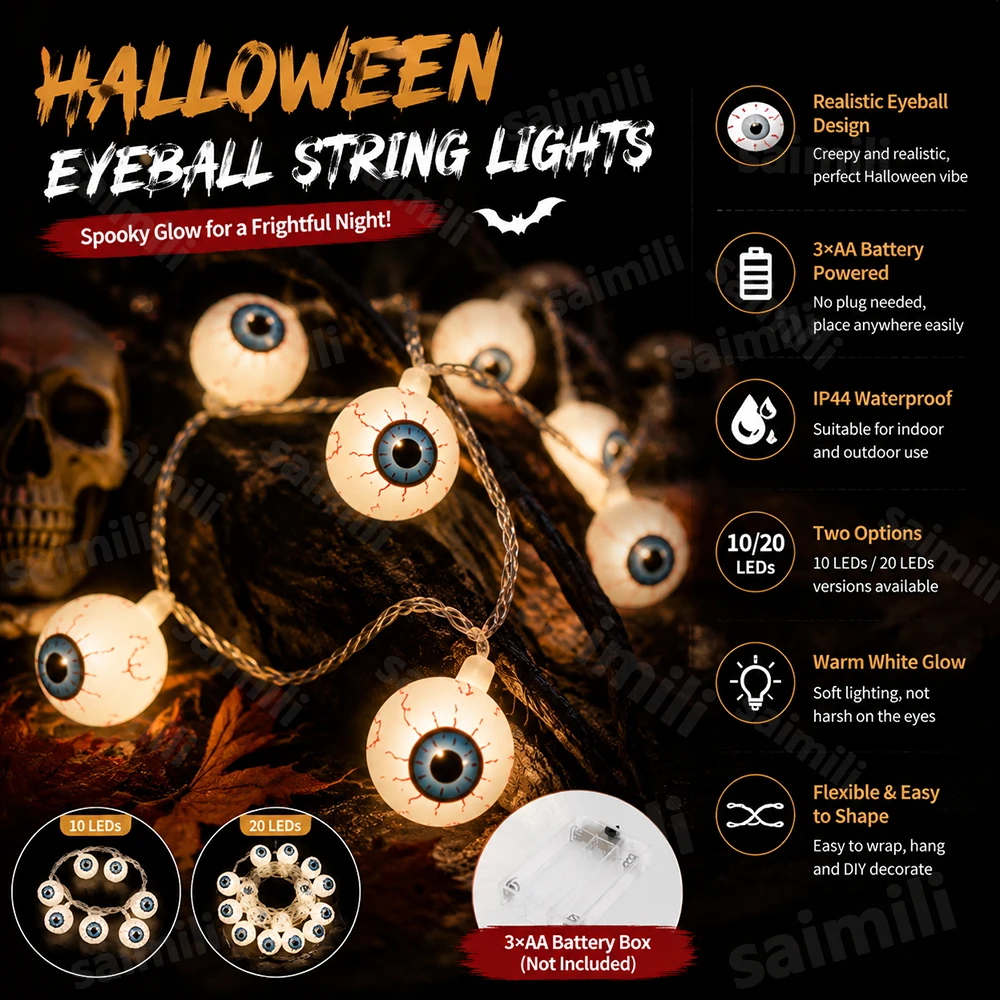 Scary Eyeball Halloween LED String Lights Battery Operated For Indoor Outdoor Home Party Haunted House Party DIY Decor Lighting