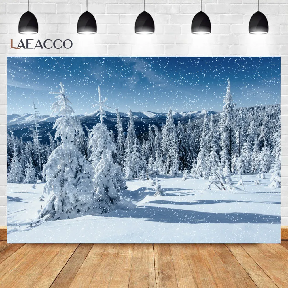 خلفية تصوير مشهد الثلج الشتوي ، شجرة صنوبر الكريسماس ، جبال الغابات ، المناظر الطبيعية ، ندفة الثلج ، خلفية الصورة ، الاستوديو
