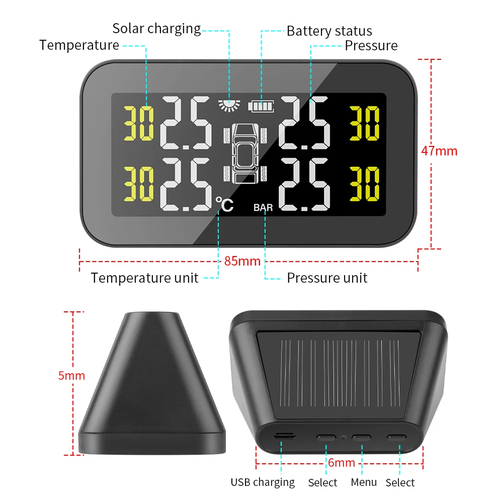 2024 New Tire Pressure Monitoring System Temperature Warning Fuel Save Solar TPMS Car Tyre Pressure Monitor Air Pressure Gauge