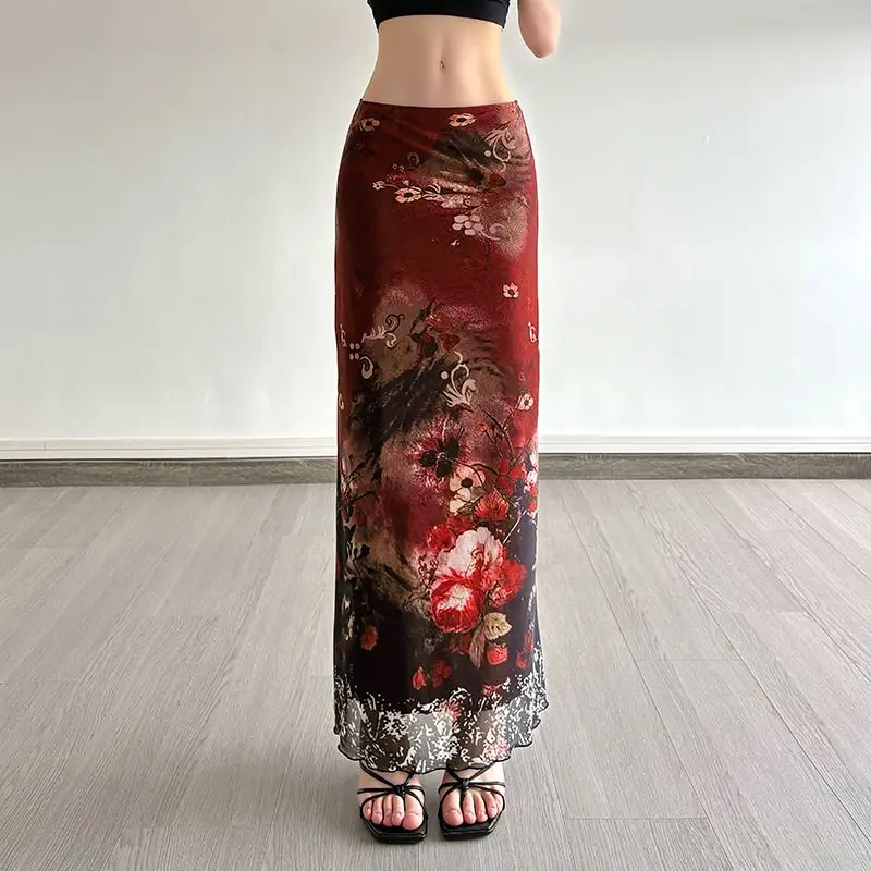 

Retro Red Floral Mesh Skirt Women's Low Waist Long Skirt Hip Cover Skirt