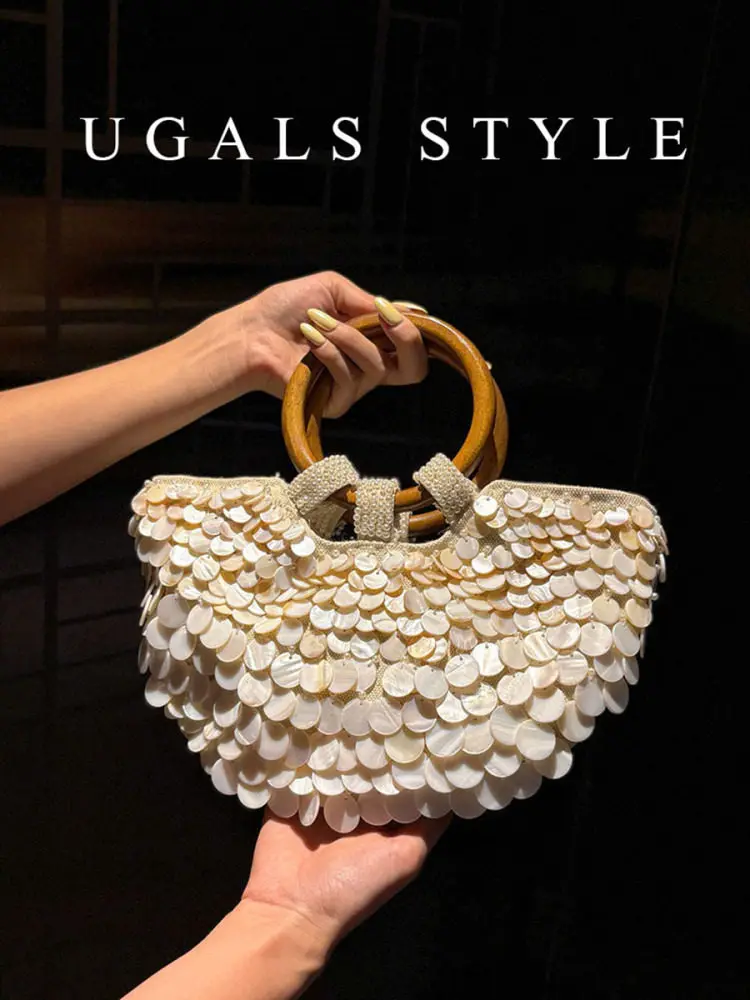 French retro hand-woven beaded sequined shell bag vegetable basket ring bucket clutch messenger bag