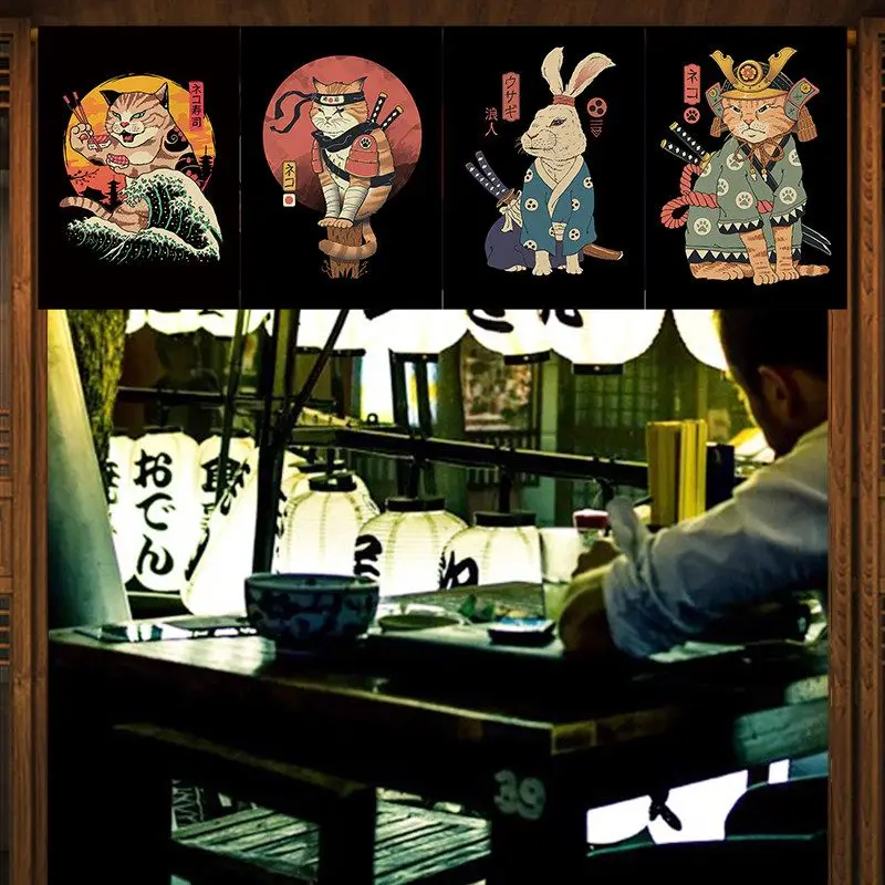 VIKAMA Ukiyo‑e Style Noren Banner Japanese Warrior Cat Art Print Hanging Curtain for Food Shop Bar Counter Decoration