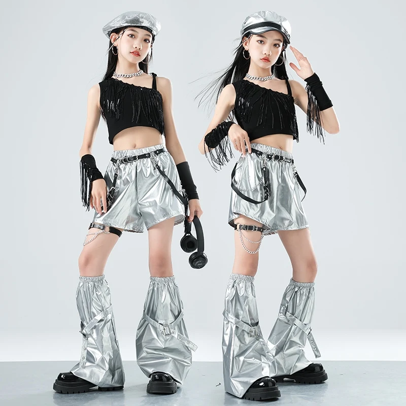 

Girls Fashion Catwalk Performance Clothing K-pop Stage Outfits Jazz Hip-Hop Dance Clothes Black Crop Tops Silvery Shorts XH2811