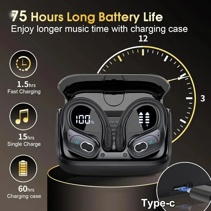 スポーツイヤホン Bluetooth 5.4 HIFI 低音ワイヤレスヘッドフォン LED タッチハンズフリーイヤホンノイズキャンセリング防水ヘッドセット新しい