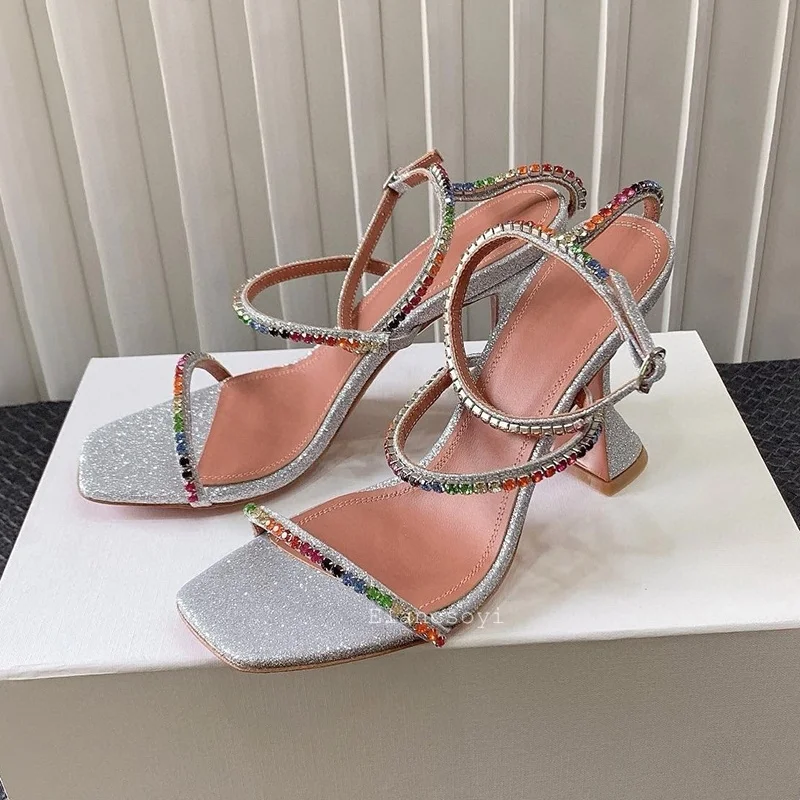 New Hot Sales Sandals Thin Strap Rhinestone Decor Sandalias Women Square Toe Thin Heels Dress Shoes Summer Party Shoes Pumps
