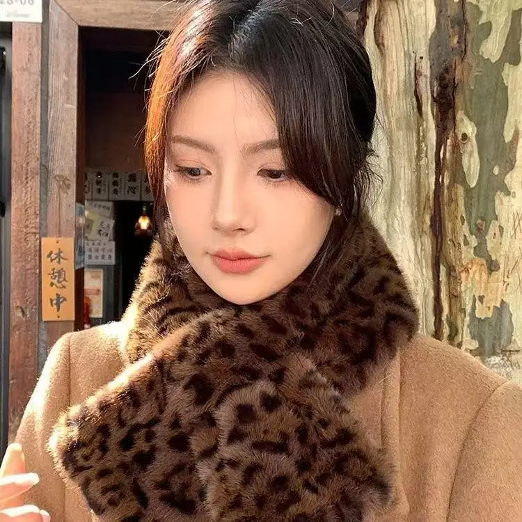 Autumn Winter Plush Advanced Atmosphere Leopard Print Korean Style Versatile Cross Faux Rabbit Fur Thick Warm Scarf