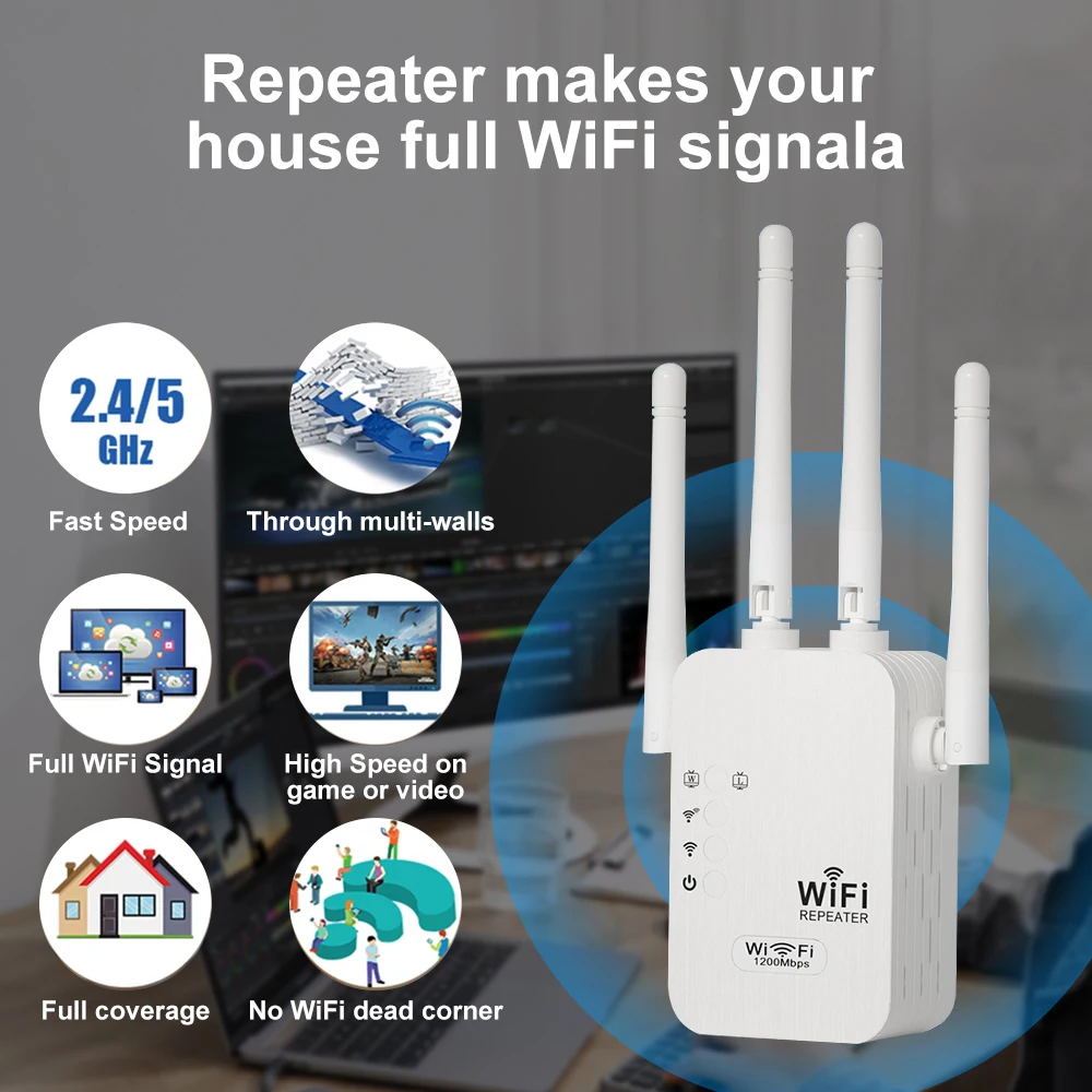 1200Mbps 5G Wireless WiFi Repeater 300Mbps 2.4G WiFi Extender Network Signal Booster Long Range WiFi Booster for Small Office