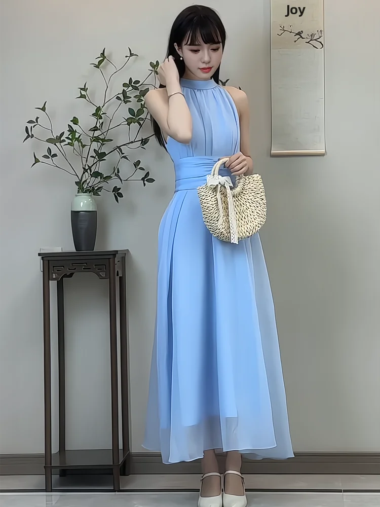 

Elegant Blue Summer Dress Women's Neck Hanging Long Skirt High Waist Banded Korean Style Commute Fashion Breathable Casual