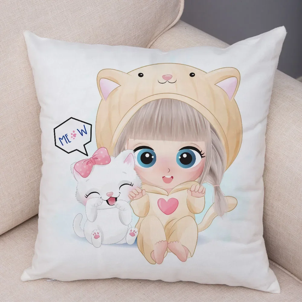 Children's Room Sofa Home Pillowcase Cute cartoon girl and cat pillowcase decoration cute Princess home  Cushion cover