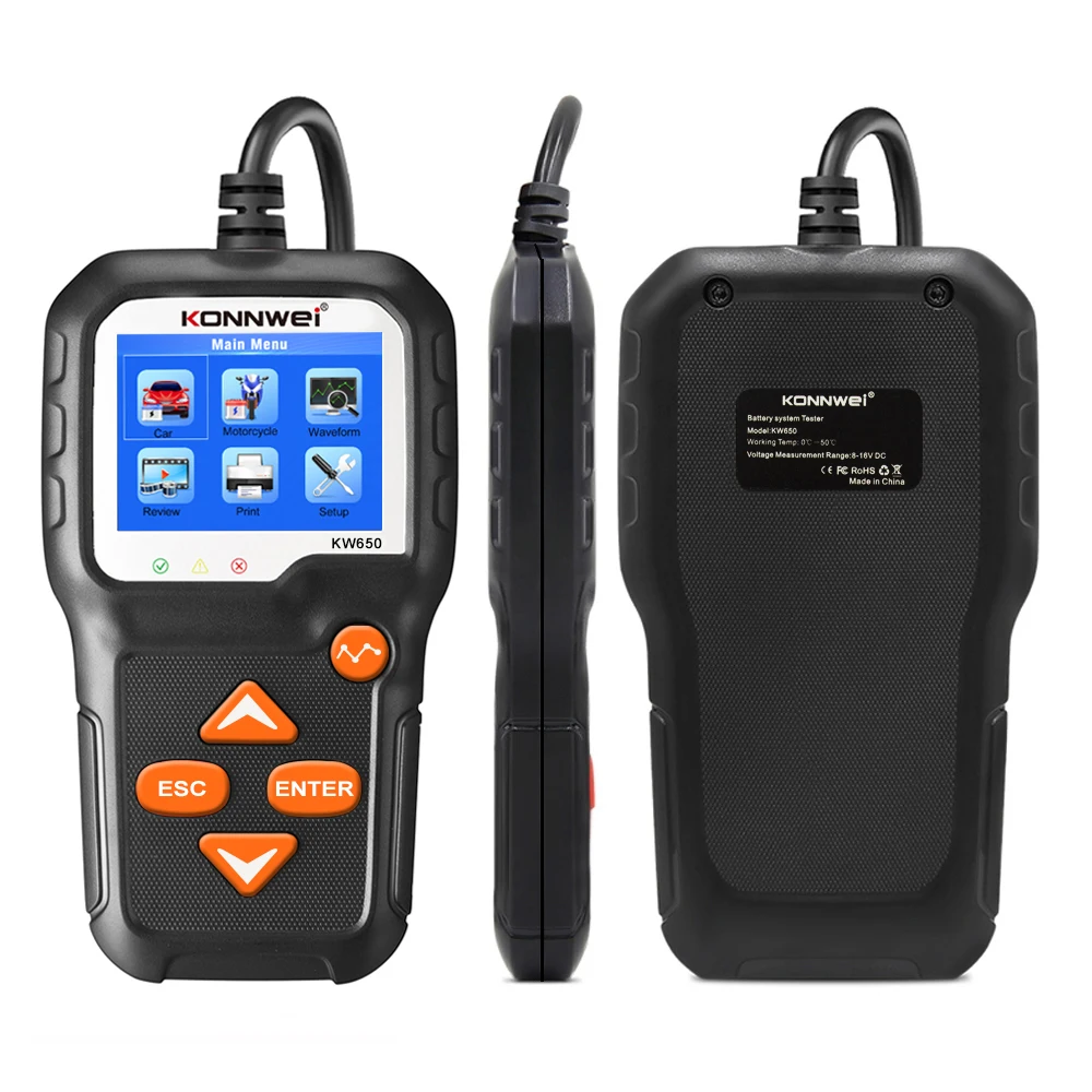 KONNWEI KW650 Car Motorcycle Battery Tester 12V 6V Battery System Analyzer 2000CCA Charging Cranking Test Tools