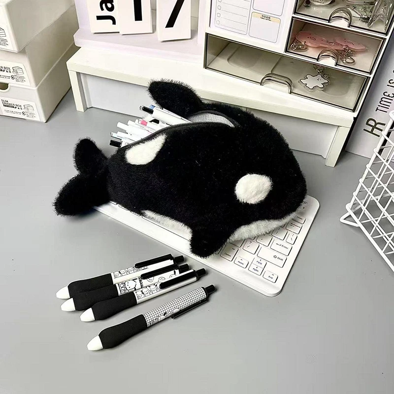 ●Cartoon Plush Killer Whale Pen Bag Large Capacity Stationery Bag Student Gift For School Office Funny Pencil Case view 6