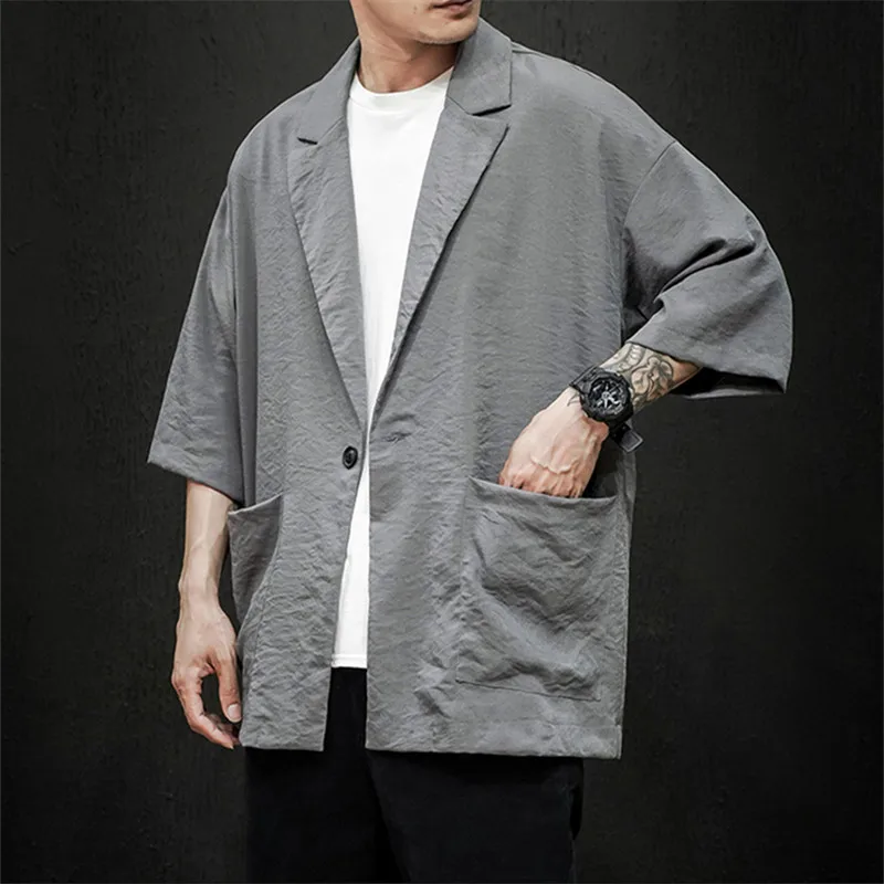 Summer Thin Suit Jacket Men Clothing Japanese New Seven-point Sleeve Solid Color Loose Couple Tops Casual Terno Masculino