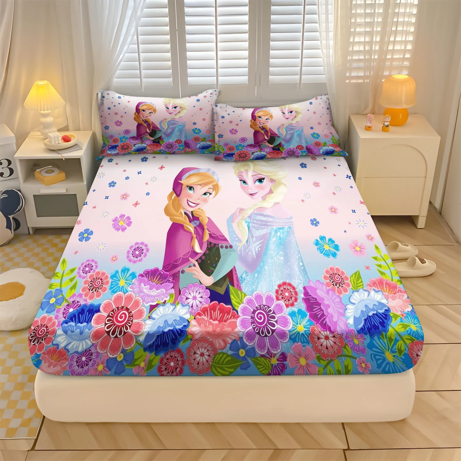 Frozen Princess Elsa and Aina Printed  Fitted Sheet Bedding Set  With Pillowcase Suitable For Children And Adults Comforte 2/3pc