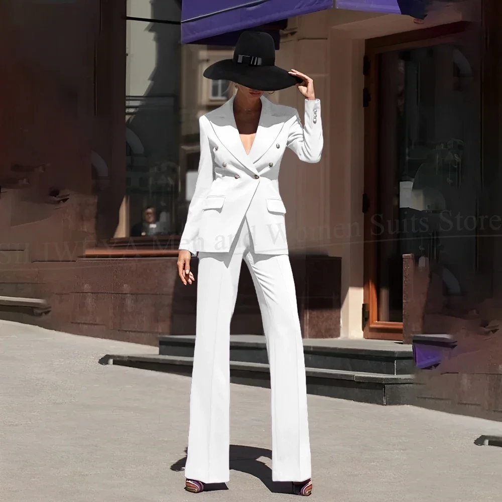 

2 Piece Double Breasted Peak Lapel Tuxedo Prom Party Women Suits White Pants Sets Fashion Daily Casual Office Long Sleeves