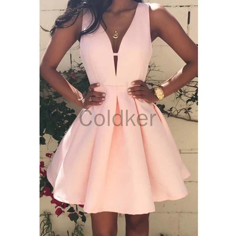 2022 summer Women fashion chic A-line dresses backless zipper deep V neck sleepveless pink mini dresses prom evening dress vesti