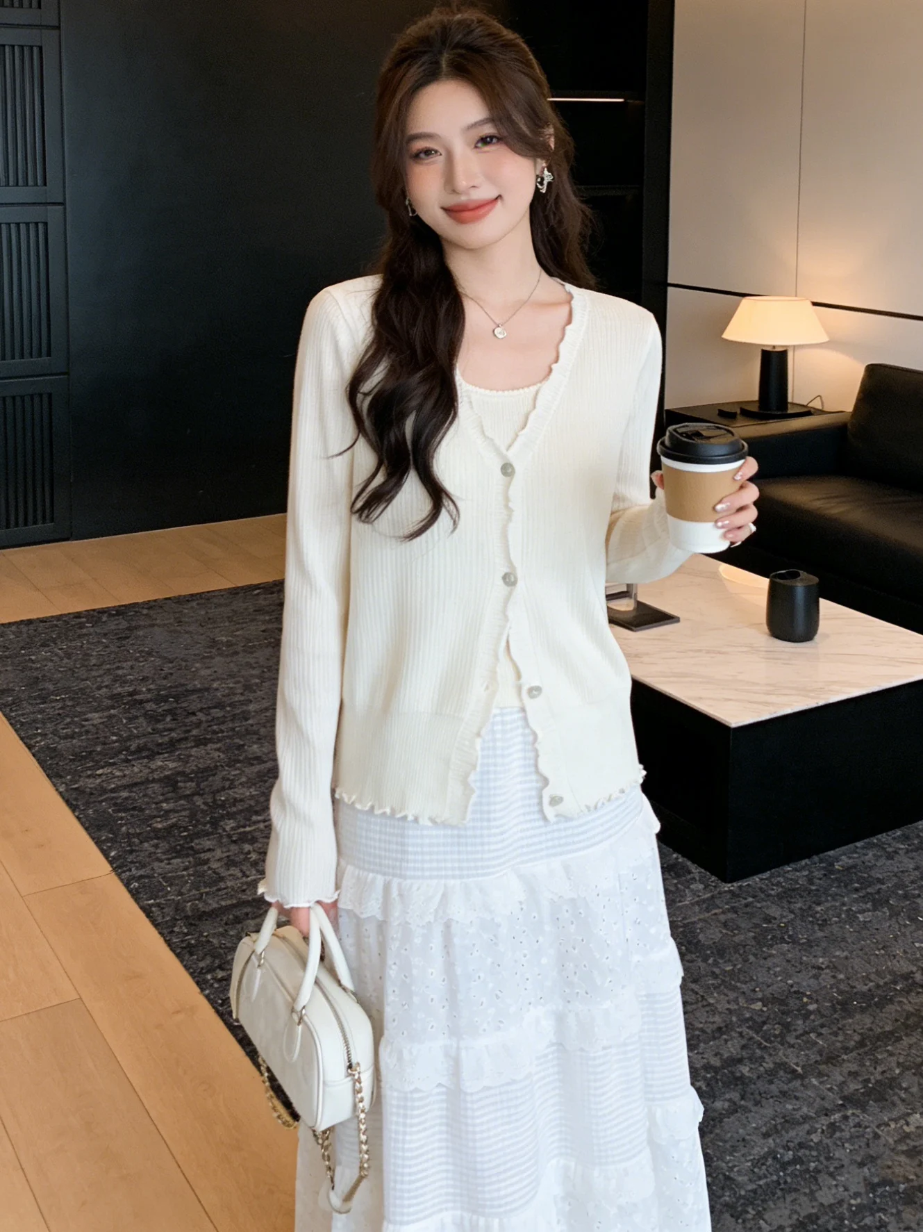 

Korean Sle round Ne ort Sve Long Sweater Women's Spring Faion Soft Breathable Knitted Cardigan Casual Pure Color
